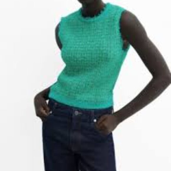 Mango Green Tweed Tank Top with Frayed Detail Cotton Blend Holiday Women Medium - Picture 1 of 9